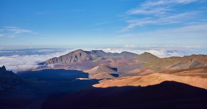 Time Elapse of Clouds Floating In Valley with the setting sun producing fast moving shadows,Haleakala National Park, Maui, Hawaii,USA