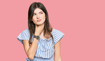Obraz premium Young beautiful caucasian girl wearing casual clothes touching painful neck, sore throat for flu, clod and infection