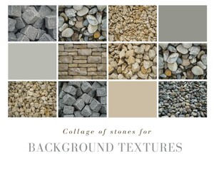 Fotocollage mit dekorativen Steinen für die Gartengestaltung und als Hintergrund-Textur 