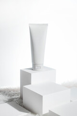 beauty treatment medical skincare cosmetic lotion cream serum mockup bottle packaging product on white decor background in healthcare pharmaceutical medicine