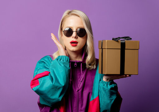 Style Blonde In 80s Windbreaker And Roud Sunglasses With Gift Box