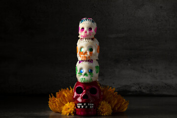 Day of the dead composition, sugar skulls, with black background