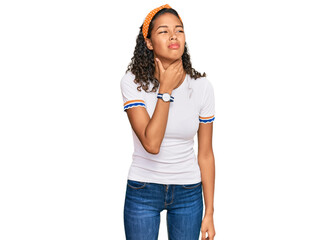 Young african american girl wearing casual clothes touching painful neck, sore throat for flu, clod and infection