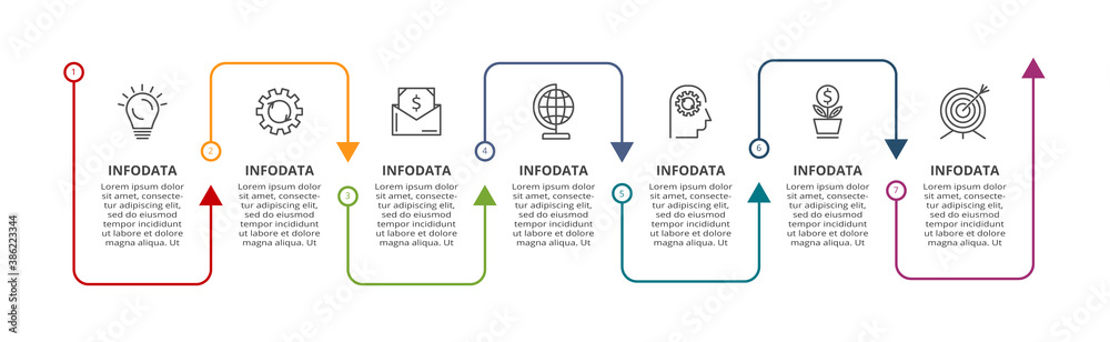 Fototapete abstract arrows of graph, diagram with 7 steps, options, parts or processes. vector business templat