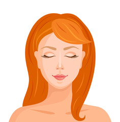 Beautiful sleeping woman in cartoon style. Woman's face with closed eyes and red head. Vector illustration.