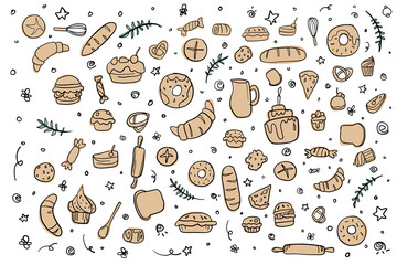 Doodle Bakery Wallpaper for decoration. donut, bakery and pastry by free hand drawing vector. Illustration hand draw with layers.