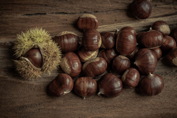 sweet chestnuts rustic composition on daylight