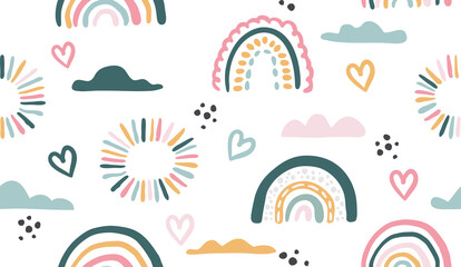 Seamless vector pattern with hand drawn rainbows and sun