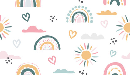 Seamless vector pattern with hand drawn rainbows and sun. - 386223785