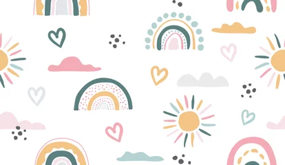 Wallpaper murals Rainbow Seamless vector pattern with hand drawn rainbows and sun.
