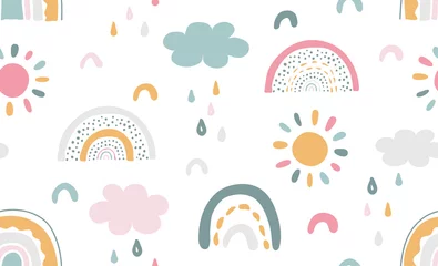 Behang Regenboog Naadloos vectorpatroon met hand getrokken regenbogen en zon.