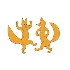 Funny dancing foxes. Vector color hand drawing image.
