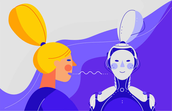 Concept banner with woman command with her voice to the robot. Voice assistant vector illustration.