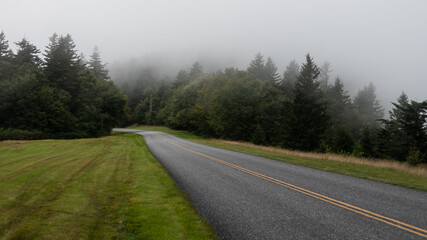 Fototapeta na wymiar Foggy and Dangerous Driving Conditions on the Blue Rudge Parkway
