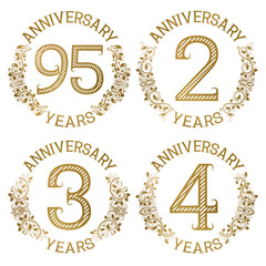Set of golden anniversary emblems. Ninety fifth, second, third, fourth years signs in vintage style.