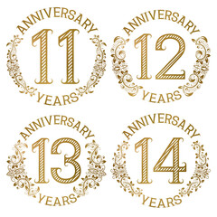 Set of golden anniversary emblems. Eleventh, twelfth, thirteenth, fourteenth years signs in vintage style.