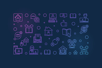 Online Courses vector Education concept linear horizontal banner or illustration on dark background