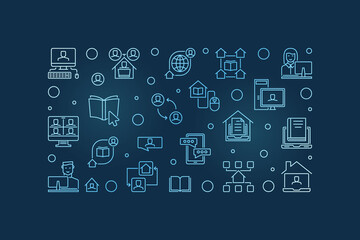 Fototapeta premium Online Education vector concept blue outline horizontal banner or illustration on dark background
