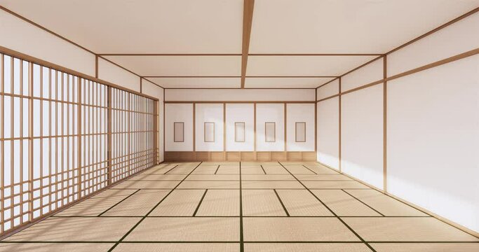 The design of the Japanese style room is spacious And light in natural tones. 3D rendering