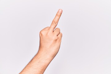 Close up of hand of young caucasian man over isolated background showing provocative and rude gesture doing fuck you symbol with middle finger