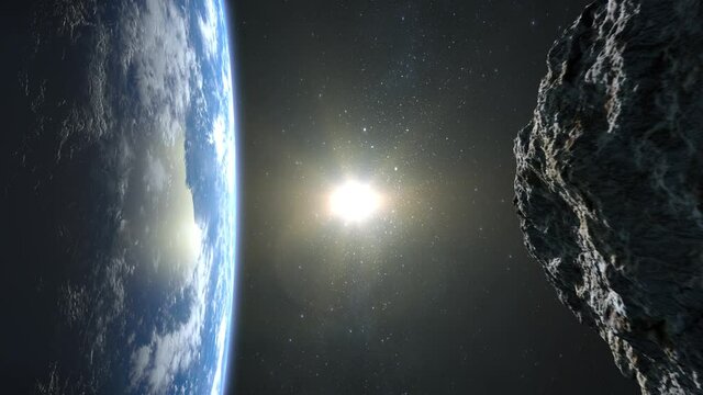 An asteroid dangerously approaches the Earth from the right. Starry sky. 4K. Stars twinkle. 3d rendering.