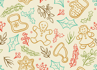 Christmas seamless pattern with hand-drawn decorative elements isolated on a light background. EPS 10 vector illustration.