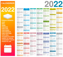 Calendrier 2022 14 mois avec vacances scolaires 2021-2022 officielles entièrement modifiable via calques et texte arial	
