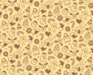 Christmas seamless pattern with hand-drawn gingerbread cookies isolated on yellow background. EPS 10 vector illustration.