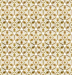 Traditional arabesque seamless pattern. Repeatable background of golden shapes and lines.