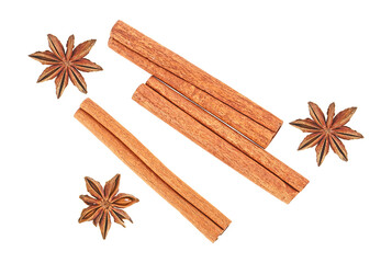 Anise and cinnamon sticks isolated on a white background, top view.