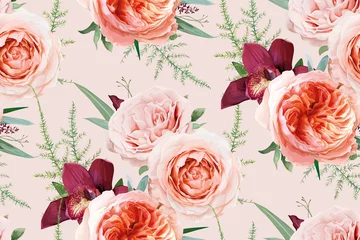 Wallpaper murals Roses Vector, watercolor seamless floral pattern, textile fabric background design. Blush peach, light pale coral Rose flowers, burgundy orchid, greenery fern leaves, eucalyptus bouquet. Botanical wallpaper