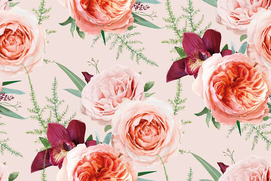 Vector, watercolor seamless floral pattern, textile fabric background design. Blush peach, light pale coral Rose flowers, burgundy orchid, greenery fern leaves, eucalyptus bouquet. Botanical wallpaper