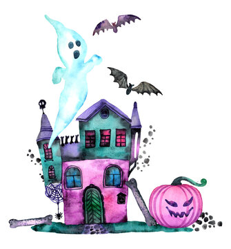 Watercolor cartoon halloween arrangement. Cute  border. Hand drawn creepy ghost, pumpkin, bat, skull. Halloween party invitation, card, poster, banner, template