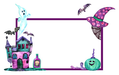 Watercolor cartoon halloween frame. Cute border. Hand drawn creepy ghost, pumpkin, bat, skull. Halloween party invitation, card, poster, banner, template