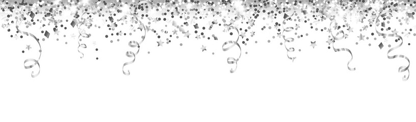 Celebration background with glitter decoration isolated on white. Falling confetti, holiday border. Festive silver frame. For Christmas, New Year banners, birthday or wedding party flyers. Vector.