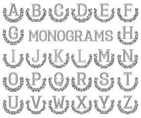 Monogram stamps set. Letters in semicircular floral frames.