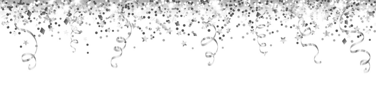 Celebration background with glitter decoration isolated on white. Falling confetti, holiday border. Festive silver frame. For Christmas, New Year banners, birthday or wedding party flyers. Vector.