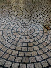 雨に濡れた同心円状のタイル