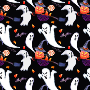 Watercolor seamless pattern. Cute cartoon halloween background. Texture, fabric, paper, wallpaper
