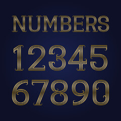 Golden ribbed numbers with flourishes. Horizontal stripes vintage font.