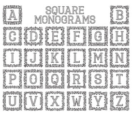 Vintage monograms set. Letters in square floral frames.