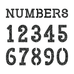 Black stencil spray paint numbers set. Font in grunge style of grainy texture.