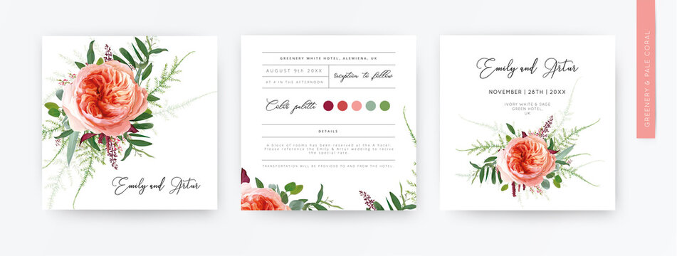Wedding vector art floral minimalist watercolor style invite card, greeting design. Pale coral Juliette rose, greenery leaves, burgundy seeds, tender fern bouquet. Elegant, stylish trendy template set