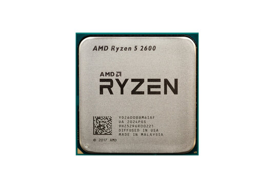 Moscow, Russia - October, 2020: AMD Ryzen 5 2600 Processor close up isolated on white background. Top view. Advanced Micro Devices is an American semiconductor company based in Santa Clara, California