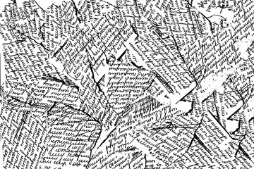 Grunge texture of scraps of handwritten text. Unreadable sloppy handwriting. 
