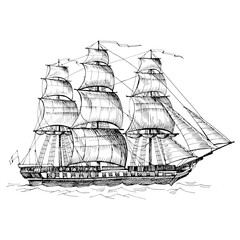 Old caravel, vintage sailboat. Hand drawn sketch. Detail of the old geographical maps of sea. Three-masted sailing warship