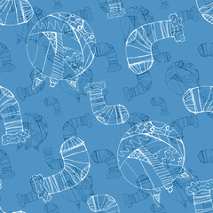 New Year's pattern 2021. sketch of New Year's toy ball and Christmas sock with gifts on a blue background. Background and packaging.