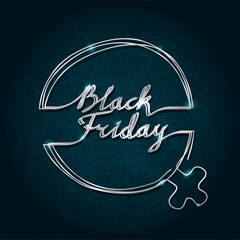 Black Friday Sale Concept Made with Doodle Venus Symbol Shape Outline Combined with Silver Metallic Style Logo Lettering - Chrome on Rough Paper Background - Hand Drawn Design