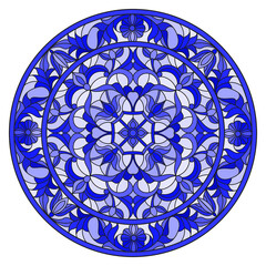 Illustration in stained glass style with abstract flowers, swirls and leaves on a light background,round image in frame, tone blue