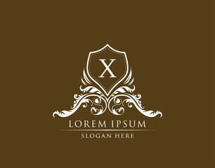 Luxury Boutique Badge With X Letter Logo. Elegant shield design for Boutique, Royalty, Letter Stamp,  Hotel, Heraldic, Jewelry, Wedding.
